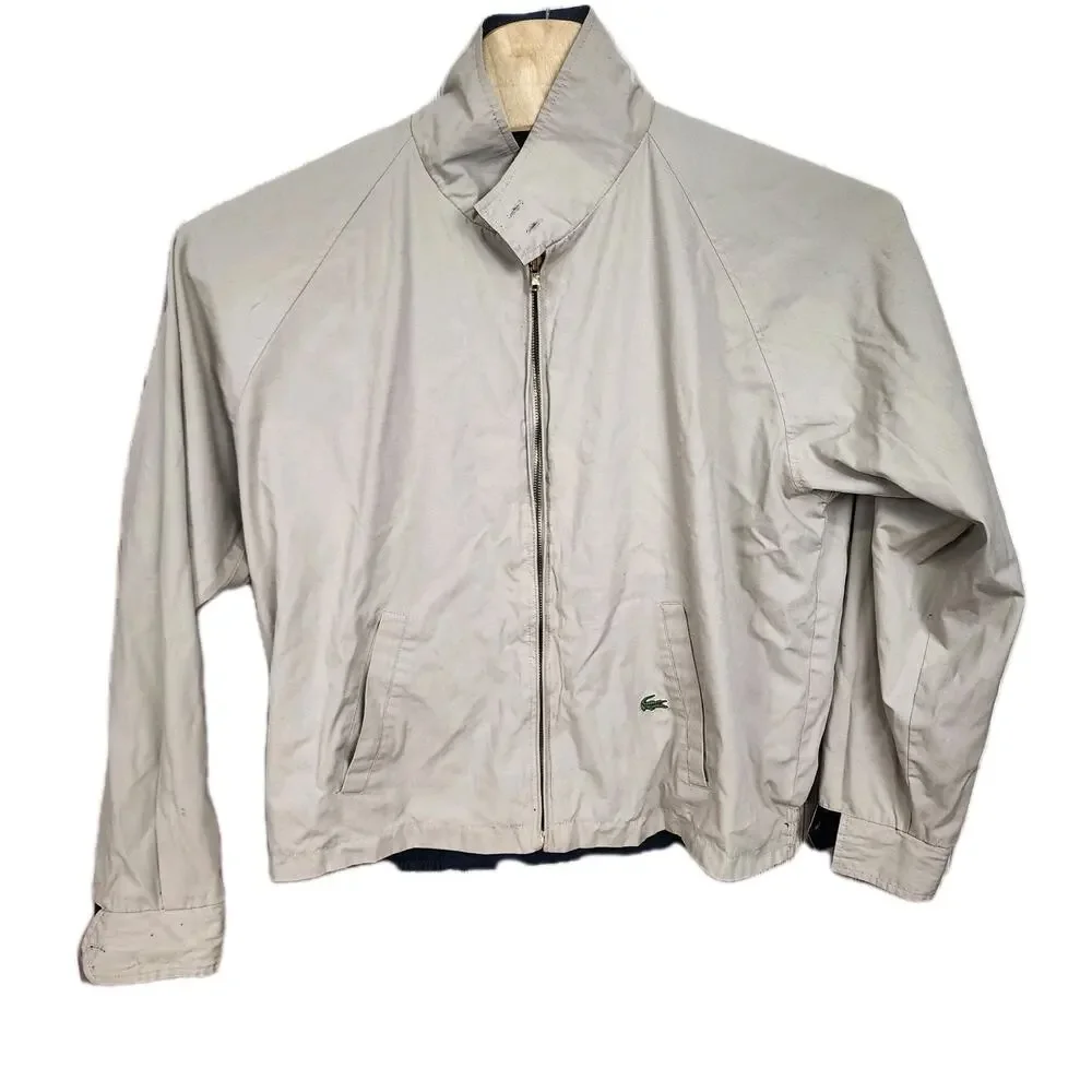 Lacoste Reversible Jacket Men's XL Navy Blue Tan Croc Logo Full Zip Bomber